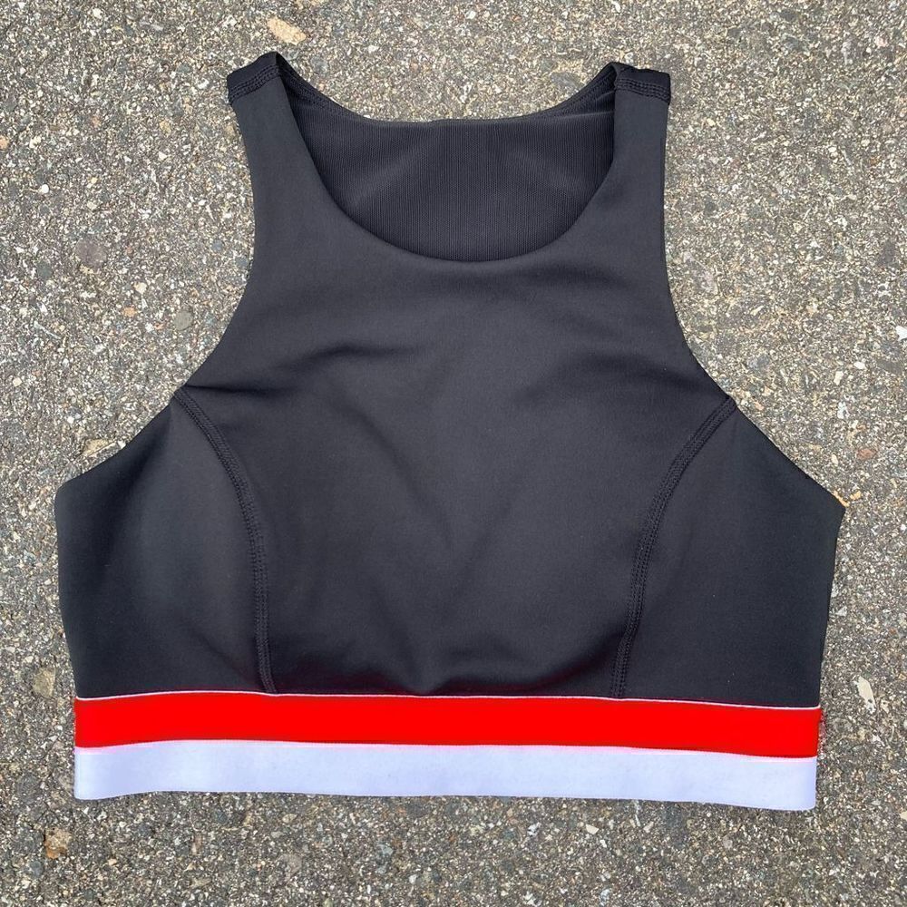 Kendall + Kylie High Neck Sports Bra, Bright Orange & White Striped Band Size XS